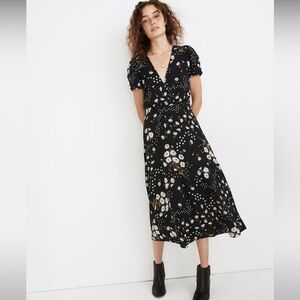 Madewell Puff-Sleeve Wrap-Front Midi Dress in Polka Daisies Size 12 EUC